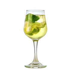 A stemmed glass filled with a light yellow, refreshing drink.  Fresh lime slices and mint leaves are visible