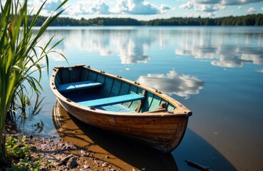Obraz premium A wooden boat resting on the calm lake shoreline with lush greenery and a clear sky in the background