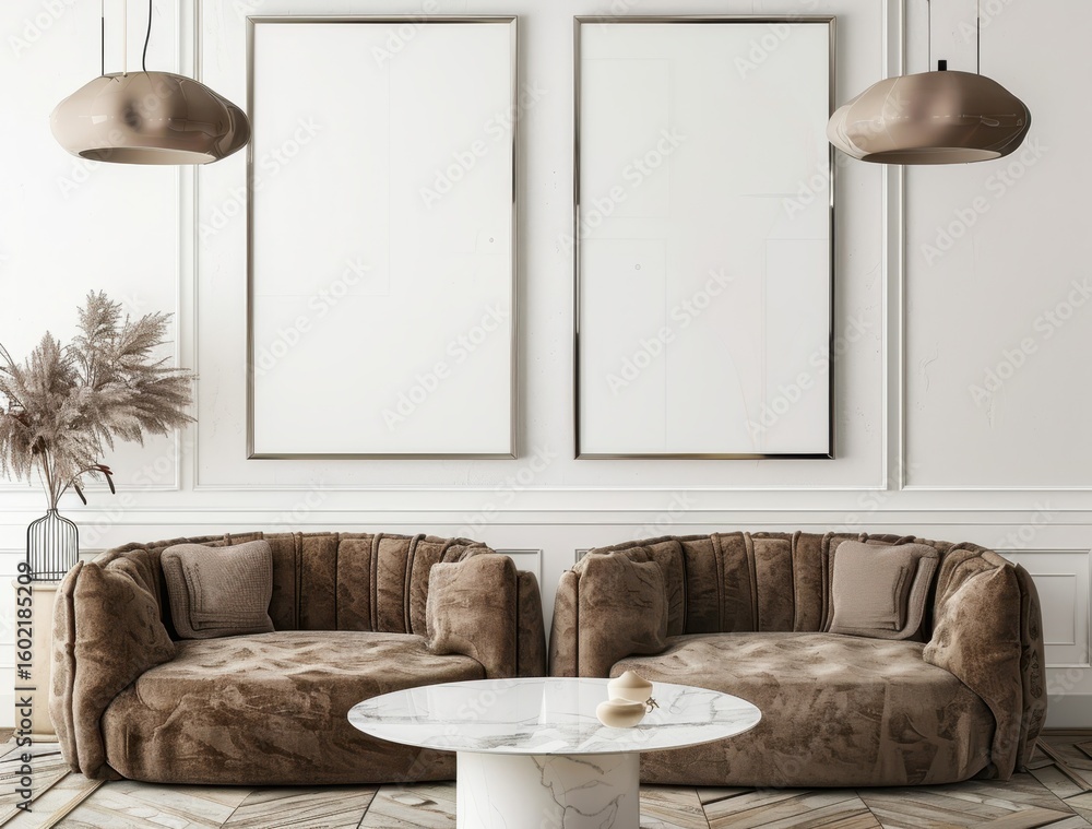 Aufkleber two plush brown sofas with pillows. a white marble coffee table. and two empty white frames in a mod