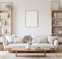 Minimalist living room interior with a white sofa. wooden coffee table. and bookshelves
