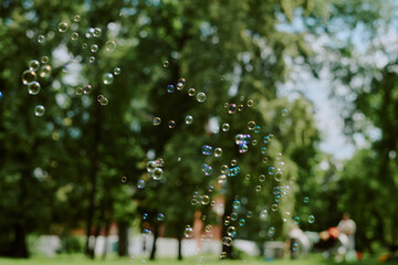 Soap bubbles flying in green park in summer