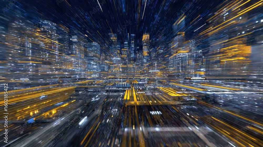 Poster digital metropolis: a dynamic depiction of a futuristic city at night, pulsating with digital energy