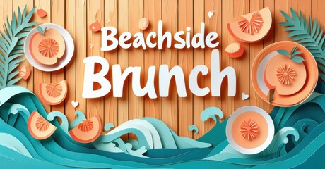 Bright graphic promotes beachside brunch. Features waves, citrus fruit, palm leaves, warm wood texture. Festive summer vibes present.