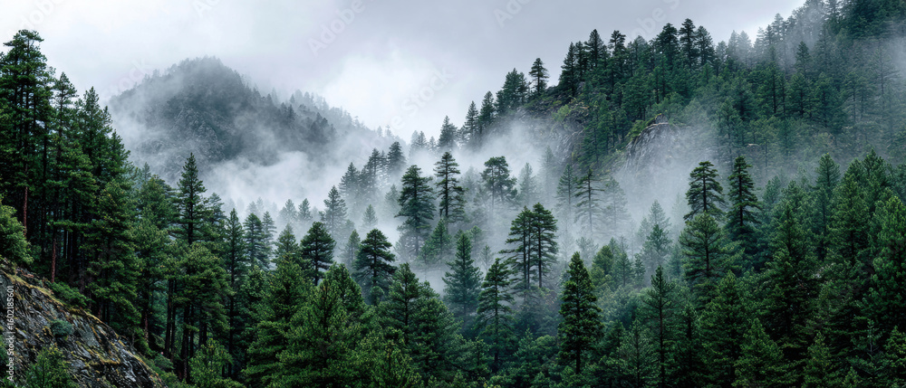 Poster misty forest landscape with dense pine trees and fog enveloping mountains, creating serene and myste