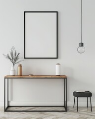 Minimalist hallway interior with black frame. wooden table. stool. and hanging light bulb