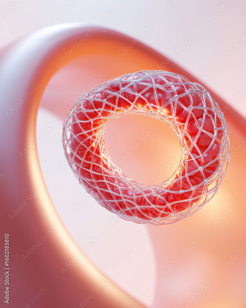 Aufkleber wire mesh medical device with red inner structure floating in soft light background, showing intrica