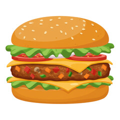 Delicious cheeseburger with fresh lettuce, tomatoes, and melted cheese on display