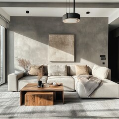 Sunlit minimalist living room with neutral tones, featuring a sectional sofa, low coffee table, and textured wall