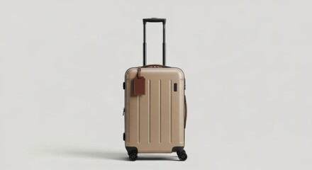 A stylish beige rolling suitcase with a brown leather tag and handle, ready for travel