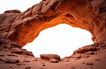 A natural rock formation with a large arch-shaped opening in a desert landscape