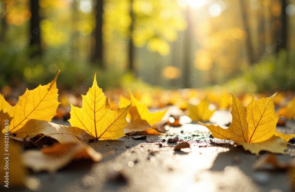 Poster yellow autumn leaves scattered on a forest path with sunlight filtering through trees in the backgro