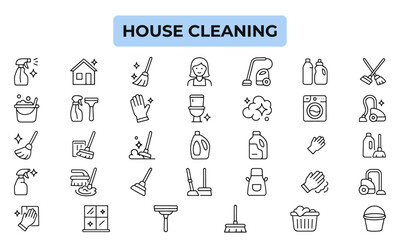 House Cleaning Line Icons Pack – Vector Icons for Maid Services, Janitorial Tools, Disinfection, and Home Hygiene Illustrations