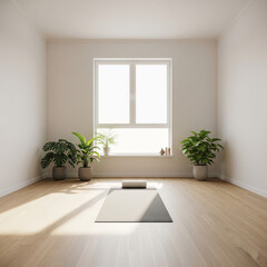 Minimalist home yoga studio with mat, indoor plants, sunlight streaming through window, peaceful atmosphere, clean modern style