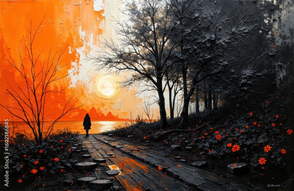 Poster sunset over a pathway with trees and contrasting warm and cool tones creating a dramatic landscape s