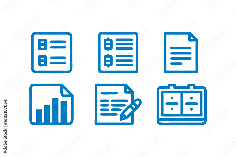 Aufkleber set of business and financial icons in blue outline style representing data analysis reports documen