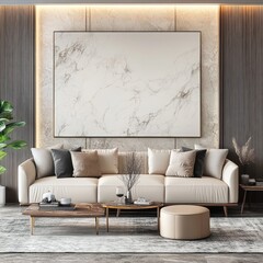 Elegant living room with cream sofa, wooden coffee table, marble artwork, and plush cushions