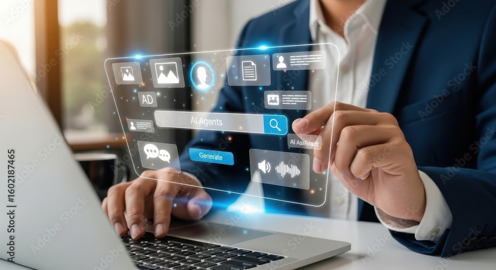Poster a businessman using a laptop and interacting with a futuristic digital interface for search engine o