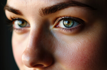Fototapeta premium Close-up of a young woman's face highlighting her blue eyes and smooth skin with natural lighting