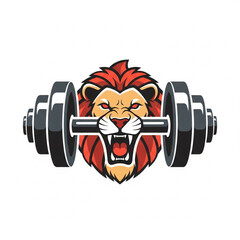 Cartoon lion head roaring while lifting a barbell, showcasing strength and fitness concept.