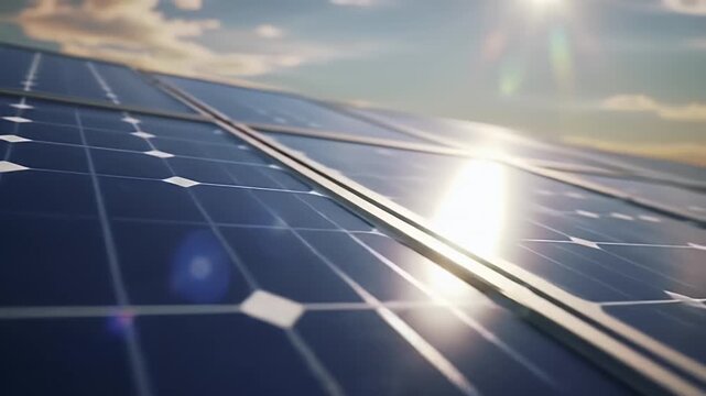 Close up of Blue Solar Panels Generating Clean Energy Under the Sunlight on a Cloudy Sky With Glares and Reflections