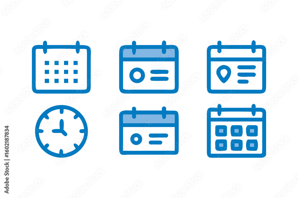 Aufkleber set of blue calendar and clock icons representing time management scheduling appointments deadlines 