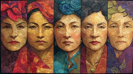 Diverse Women Portraits in Vibrant Colors and Artistic Patterns