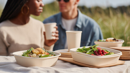 Eco-friendly sustainable tableware with biodegradable bowls and cups for outdoor dining. Couple enjoying healthy lunch using compostable dishes. Plastic-free alternative for green lifestyle.