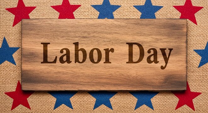 Happy laber day, Wood sing banner Closed Labor Day sign with retro white and blue star and stripes on weathered wood