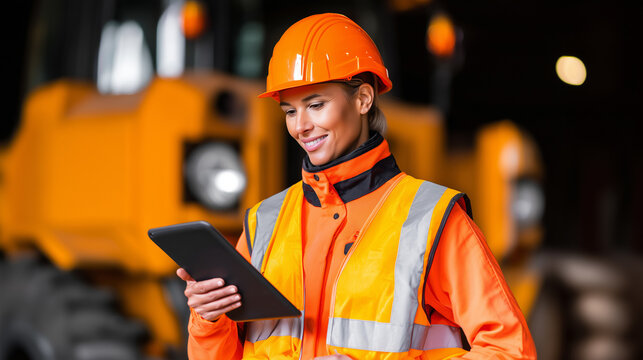 Female construction worker in safety helmet and high-visibility vest using tablet at building site. Woman engineer with protective gear managing industrial project operations.