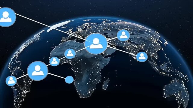 Global network connections illustrated over a digital earth with glowing city lights at night - Powered by Adobe