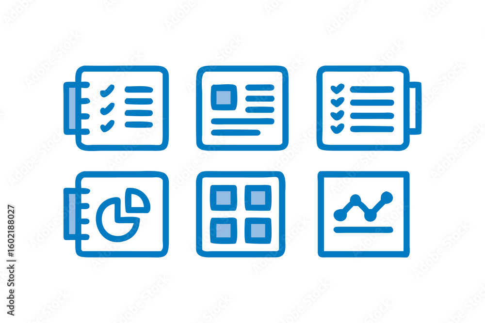 Poster collection of business data icons representing tasks profile checklist pie chart grid and line graph