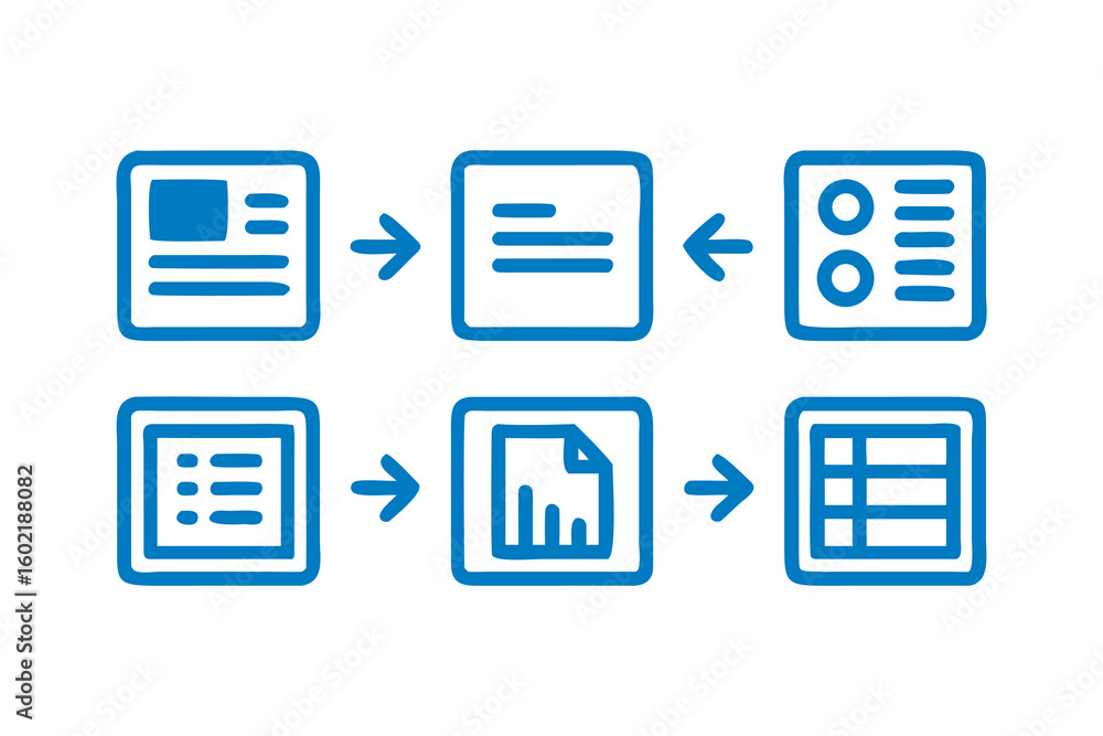Poster data flow diagram with hand drawn style blue icons representing information exchange and processing 