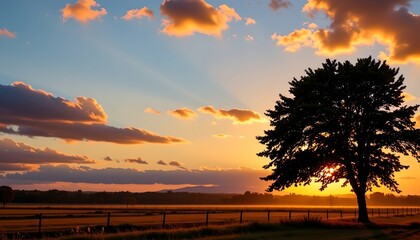 Tranquil Sunrise Landscape with Silhouetted Tree
