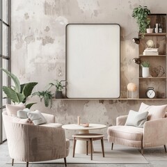A minimalist living room with two pink armchairs. a coffee table. a large blank canvas. and a shelf with plants and decor