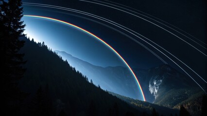 Majestic rainbow arc over dark forested mountains under starry sky image