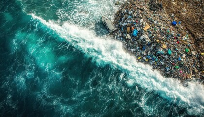 Aerial View of Polluted Shoreline with Garbage Pile, Blue Water, Various rubbish and garbage, mostly plastic