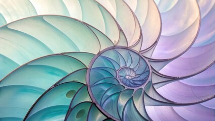 Nautilus shell cross section with swirling chambers and iridescent colors image