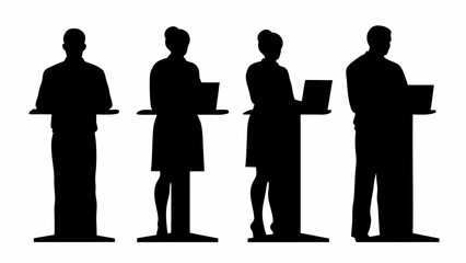 Four silhouettes of people standing at podiums with laptops in a monochrome black and white design