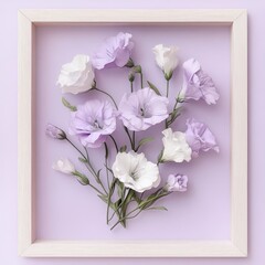 Delicate bouquet of pastel-colored flowers in a wooden frame.