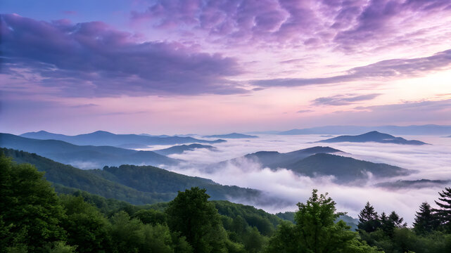 Foggy mountain landscape under a lavender and blue sky - Powered by Adobe