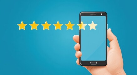 Hand holding phone with five stars rating