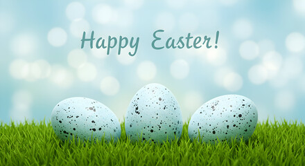 Happy Easter! Three speckled blue eggs nestled in vibrant green grass, a perfect springtime greeting card image.