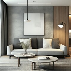 Modern living room with grey sofa, wooden accents, and minimalist d?cor