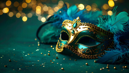 Teal Venetian Mask with Festive, and Bokeh.