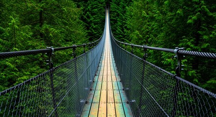 Obraz premium The Verdant Voyage: A Suspended Bridge Inviting Passage Through an Endless Sea of Emerald Evergreens
