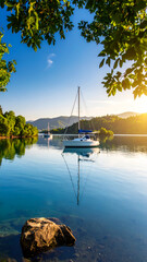 Tranquil Bay with Sailboat at Dawn.