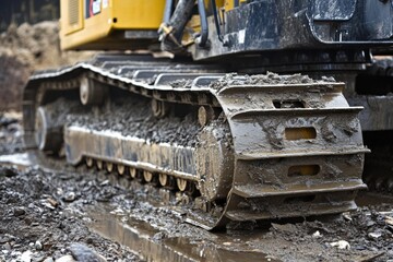 Bulldozer at Construction Site with Digging Tracks and Blurred Background Detail of metal digger track