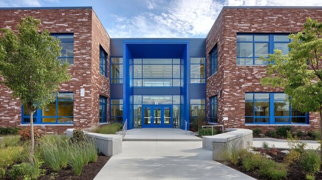 Peaceful school building with garden courtyard and lush greenery