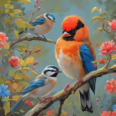 Vibrant birds perched on blooming branches orange blue