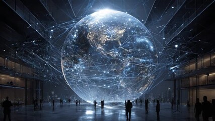 Global Connections: A mesmerizing depiction of interconnectedness, showcasing a luminous globe intricately woven with digital pathways, housed within a modern architectural space. - Powered by Adobe